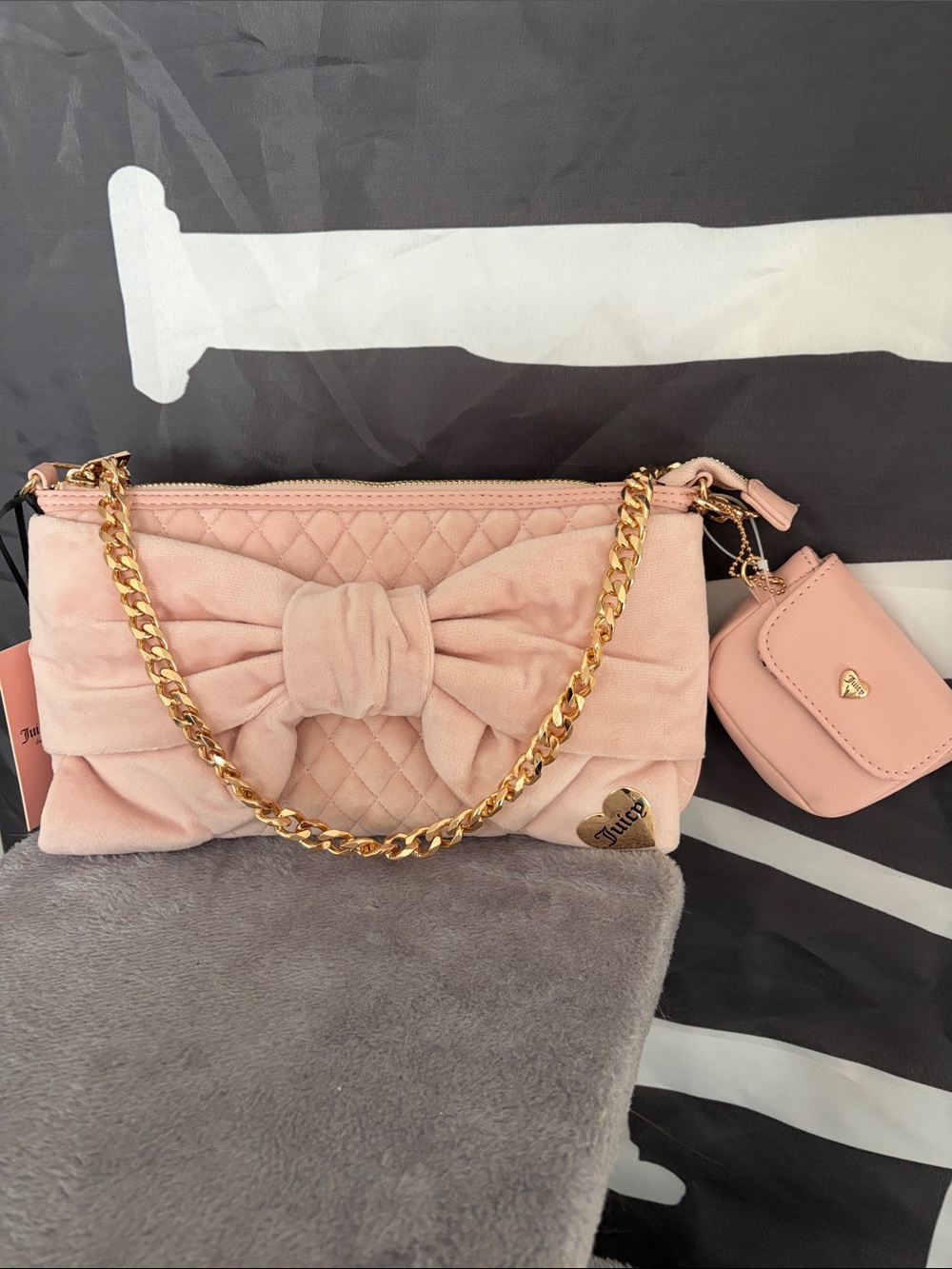 Juicy Couture Pink Quilted Bow Shoulder Bag with Gold Chain